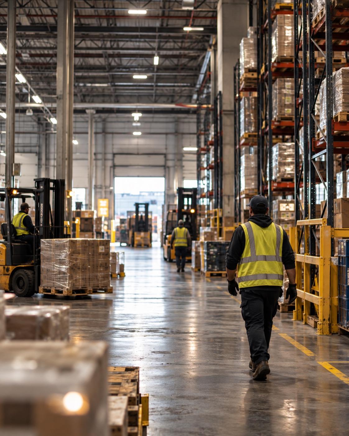 Workers in high-visibility vests and forklifts on a warehouse floor between tall racks