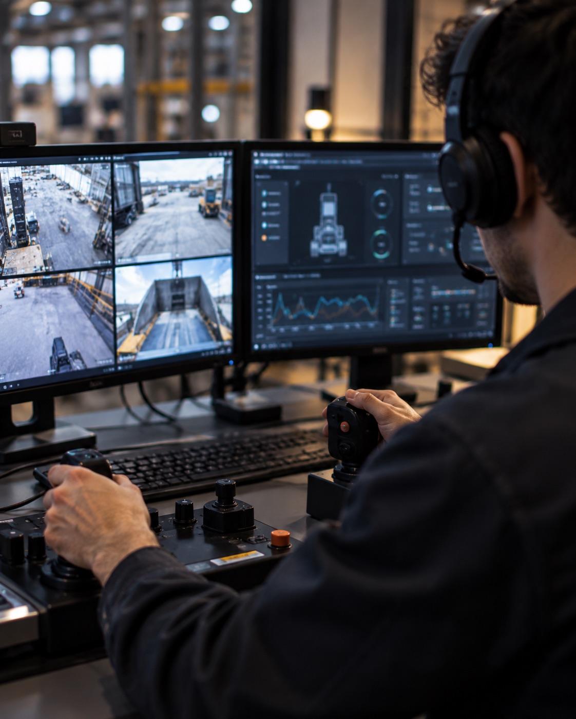 Remote operator with a headset at a control desk, monitoring robot camera feeds and telemetry
